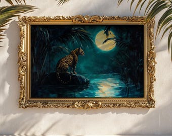 Moonlit Wildlife Leopard Art Print: Night Moon Jungle Oil Painting Print