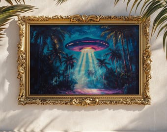 Retro Alien Abduction Print: Neon Palm Tree Landscape (Print Only)