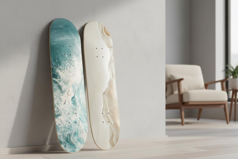 Ocean Skateboard Deck Duo: Waves and Sand Beachy Wall Art Decor Both Boards