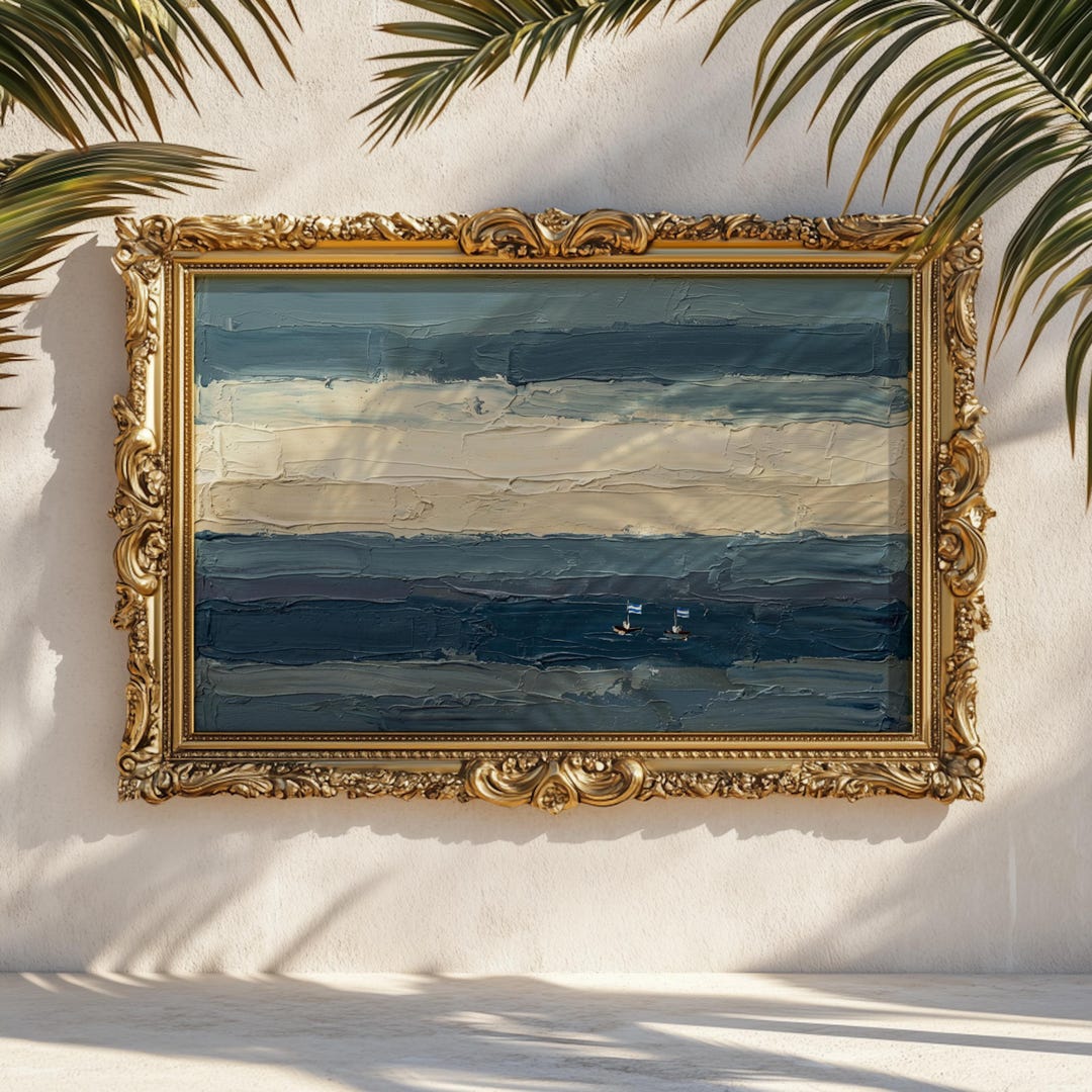 Abstract Nautical Graphics Minimal Sailboat Painting Horizontal Poster: Blue Ocean Abstract ...