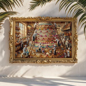 Puede incluir: Una pintura enmarcada representa un gran pastel siendo decorado por varios chefs en una cocina. El pastel de varios niveles tiene glaseado rosa y amarillo y decoraciones florales. El marco dorado ornamentado se suma a la elegancia de la obra de arte.