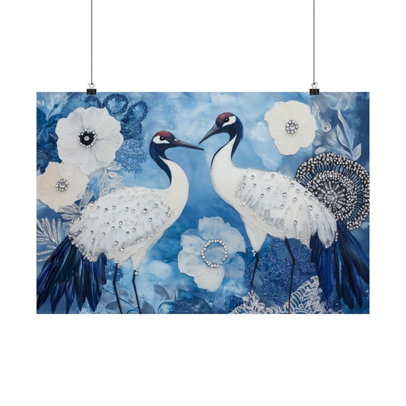 青い鶴と真珠の鳥のプリント：ヴィンテージグラム油絵ウォールアート