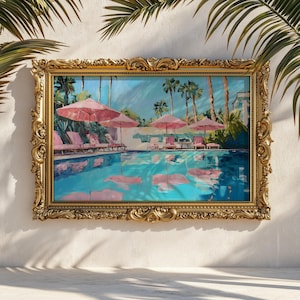 Pink Umbrella Poolside Oil Painting Print | Retro Palm Springs Wall Art | Vintage Glam Summer Decor