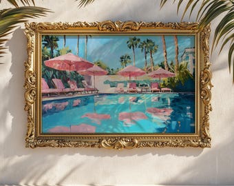 Pink Umbrella Poolside Print: Retro Palm Springs Summer Wall Art