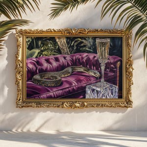 Snake on Purple Velvet Sofa Oil Painting: Retro Miami Print