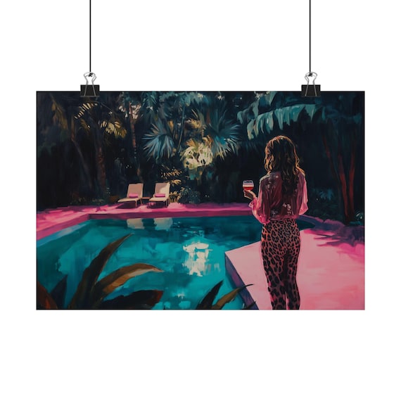 Woman by the Pool Wall Art Print: Feminine Night Pool Painting