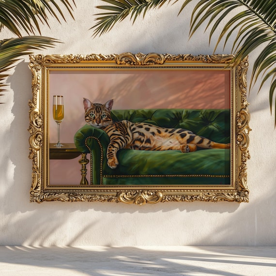 Bengal Cat Art Print: Exotic Cat on Emerald Sofa