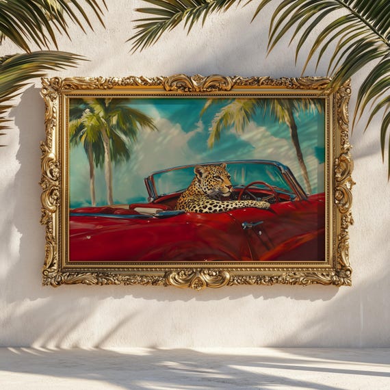 Leopard in Red Convertible Art Print: 80s Glam Miami Vice Decor - Etsy