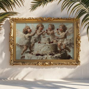 Cherubs Eating Cake Art Print | Vintage Rococo Angel Babies on Dessert | Whimsical Baroque Wall Decor with Pastel Cream Aesthetic