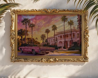 Pink Cadillac Sunset Mansion Print: Retro 80s Palm Springs Wall