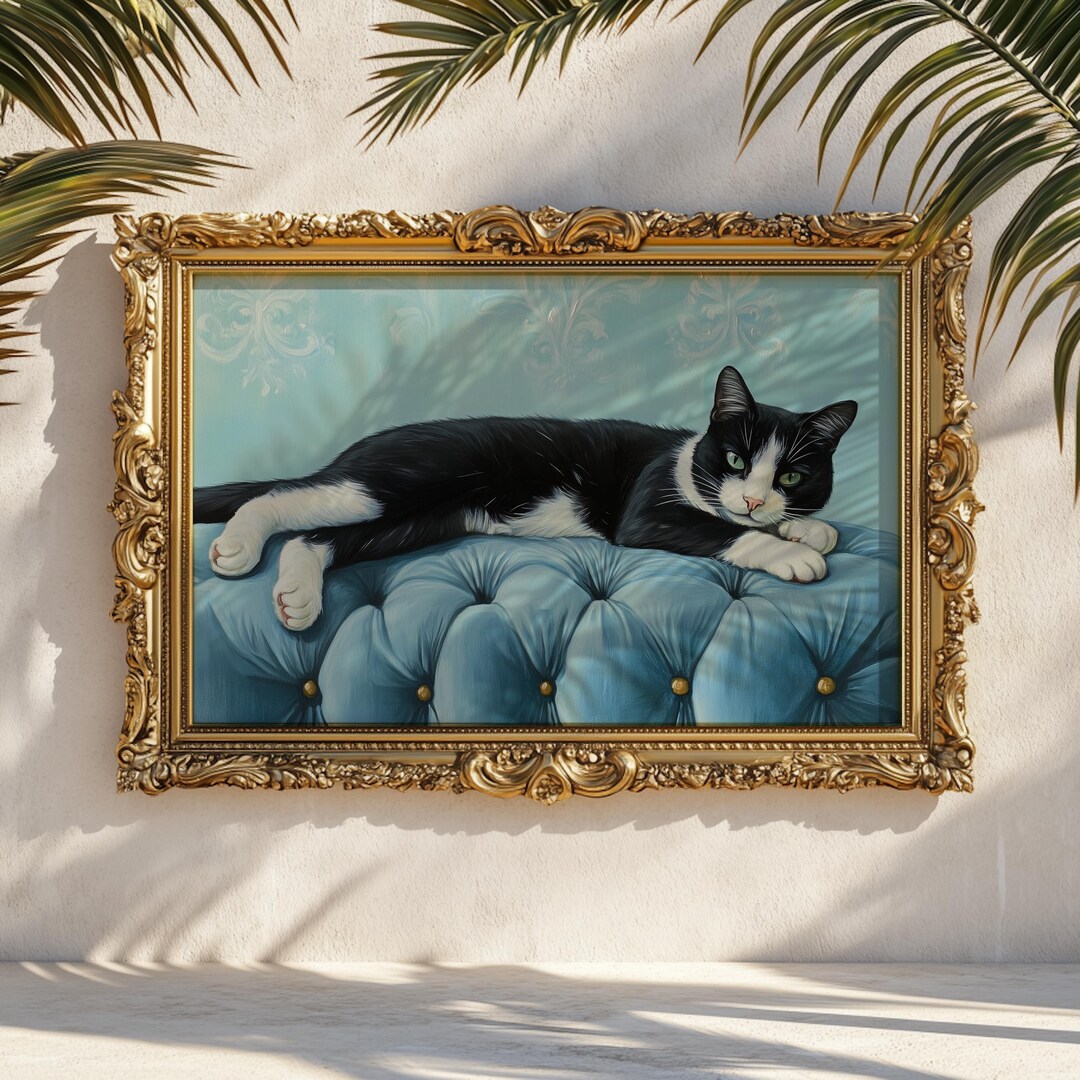 Tuxedo Cat Wall Art Print: Blue Vintage Black and White Cat Painting - Etsy