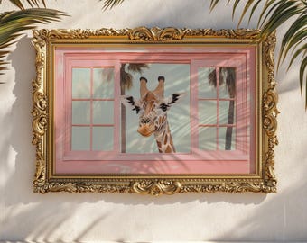 Giraf in roze raamprint: moderne safarimuurkunst uit het midden van de eeuw