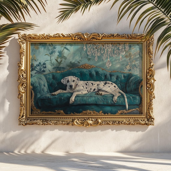 カレン ホイプティング ソファの上のダルメシアン Dalmatian on Velvet Sofa Oil Painting Print: Elegant Canine Poster