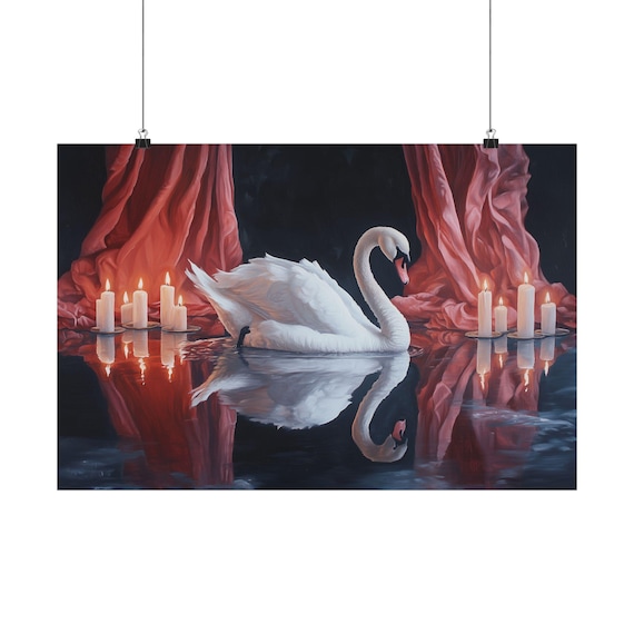 Swan With Candlelight Art Print: Elegant Dark Oil Painting Poster