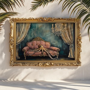 May include: An artwork in a gold ornate frame, depicting a pink sofa with an octopus. The painting includes a chandelier and draped curtains against a teal backdrop. The frame adds a classical touch.