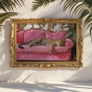 Póster femenino delicado / Arte de pared Art Decó de mediados de siglo / Decoración vintage de Miami Vice de los años 80 en rosa leopardo