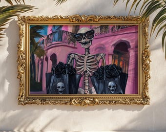 Pink Gothic Skeleton Art Print: Spooky Girly Halloween Decor