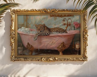 Leopard in Bathtub Art Print: Vintage Pink Bathroom Decor