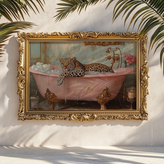 Poster leopardo nella vasca da bagno, stampa leopardo Art Déco