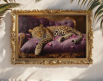 May include: An artwork in a gold frame shows a leopard reclining on a purple chaise longue. The leopard's coat is spotted, and pink rose petals are scattered around it. The ornate gold frame enhances the painting's luxurious feel.