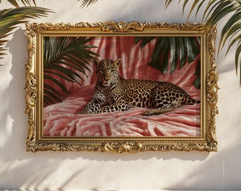 Vintage Leopard Palm Beach Art Print: Retro Pink Velvet Decor