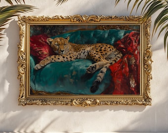 Cheetah Lounging on Teal Velvet Sofa Painting Print | Vintage Cheetah Decor Poster