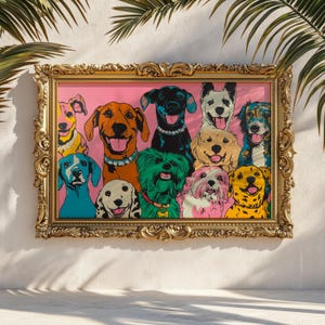 May include: A framed art print featuring a collection of colorful, smiling dogs against a pink background. The dogs are depicted in various breeds and colors, including orange, blue, and green. The ornate gold frame adds a touch of elegance to the artwork.