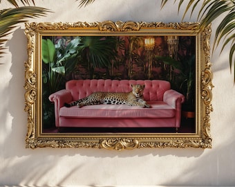 Leopard on Pink Velvet Sofa Poster: Tropical Art Deco Print