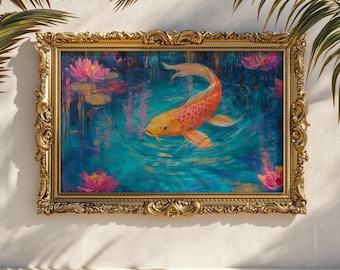 May include: An ornate, gold-framed painting depicts a vibrant orange koi fish swimming in a turquoise pond with pink water lilies. The artwork has a painterly style, with visible brushstrokes and a rich color palette.
