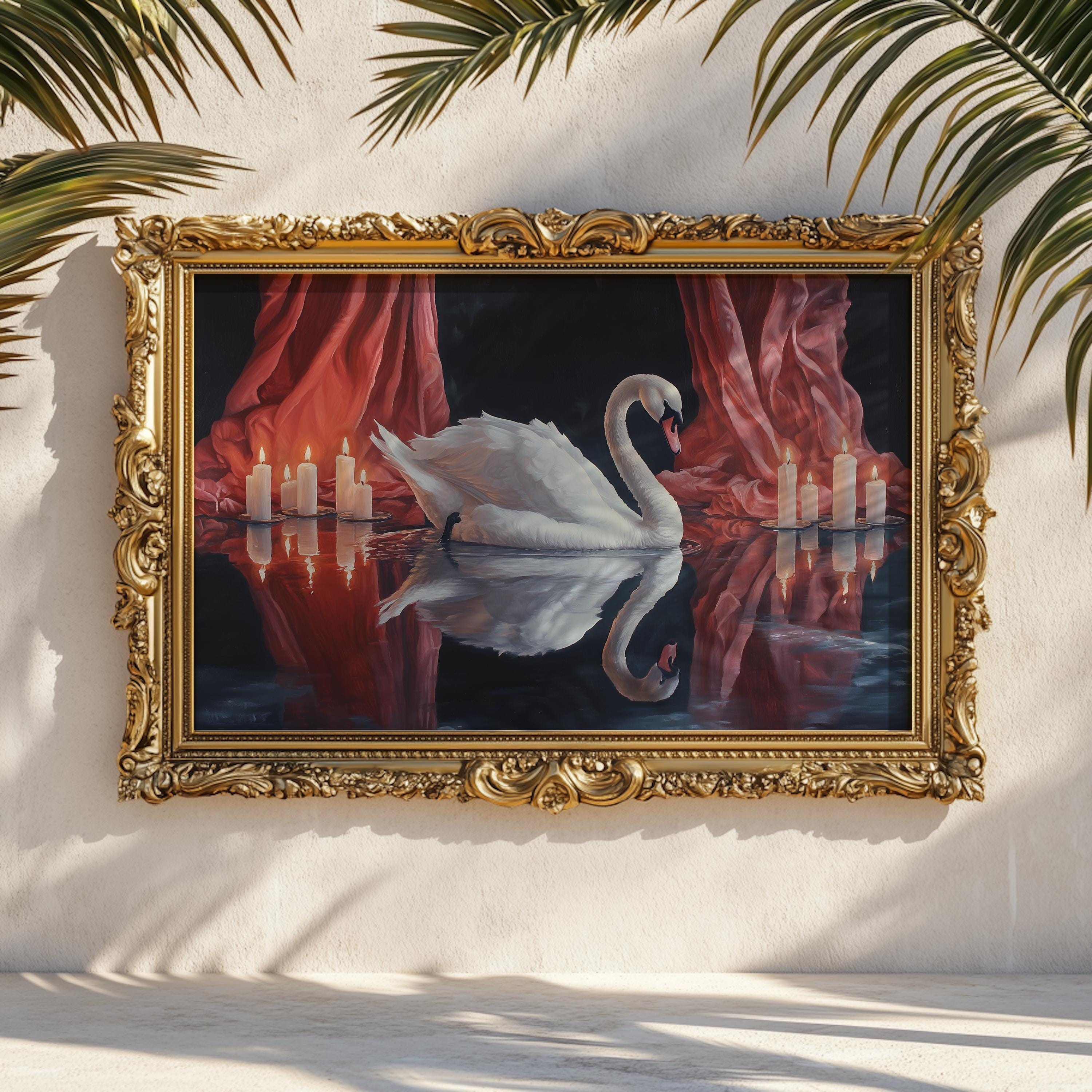 Swan With Candlelight Art Print: Elegant Dark Oil Painting Poster