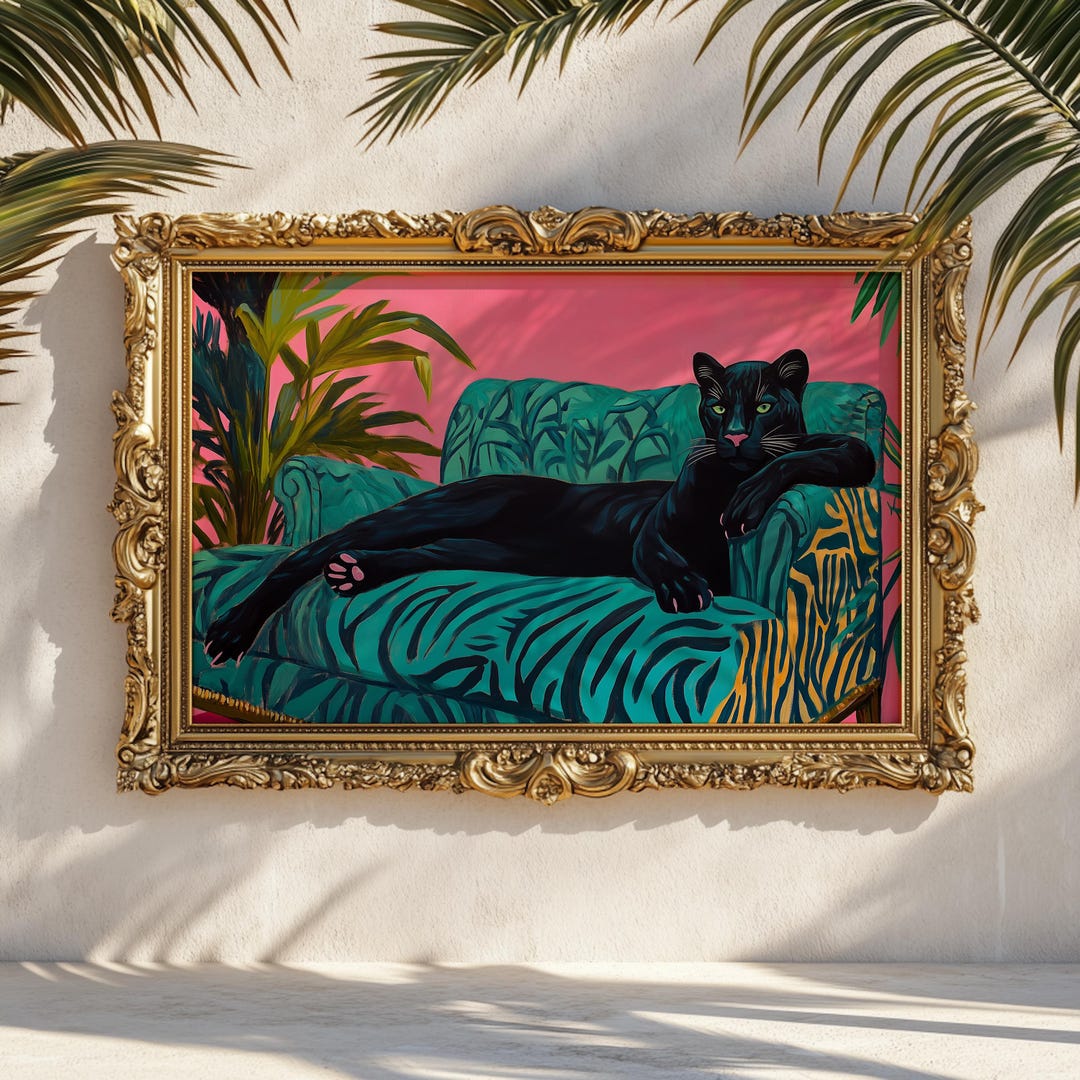 Black Panther Art Print: Teal Zebra Sofa, Hot Pink Nails - 80s