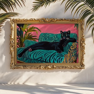 May include: A framed painting of a black panther reclining on a teal sofa with a zebra print. The background is pink with green plants. The ornate gold frame adds a touch of elegance to the artwork.