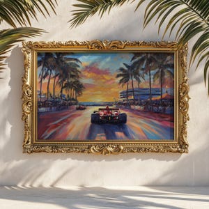Formula 1 Sunset Racing Print | Vintage Miami Car Wall Art | Retro Racing Poster | Oil Painting Style Motorsport Decor