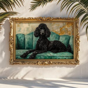 May include: A framed painting of a black poodle lying on a teal green sofa. The painting is in an ornate gold frame. The background is a light beige with gold accents. Palm fronds are visible in the upper corners.