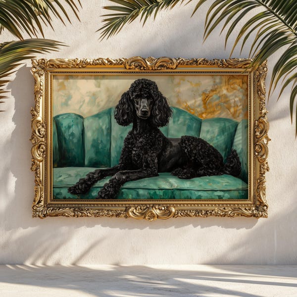 Black Poodle Wall Art Print: Elegant Dog Oil Painting, Glam Pet Portrait, Luxury Home Decor