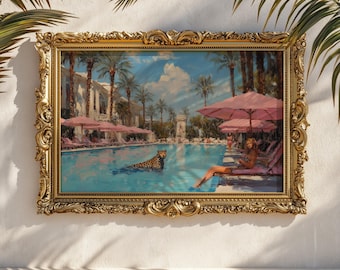Vintage Poolside Art Print: Pink Palm Beach Resort, Leopard