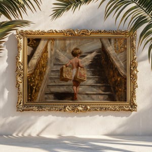 Cherub with Gold Shopping Bags Art Print | Baroque Angel Fashion Wall Decor | Luxe Old Money Oil Painting Poster