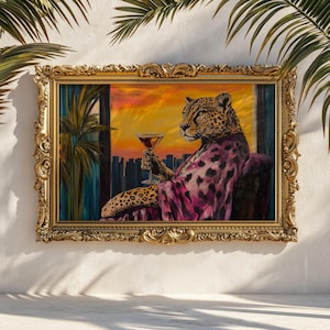 Leopard in Robe Martini Print: Retro Animal Wall Art
