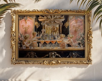 Oil Painting of Baroque Cherubs with Cocktails | Glam Champagne Wall Art | Rococo Party Print | Luxury Bar Decor | Pink Gold Artwork