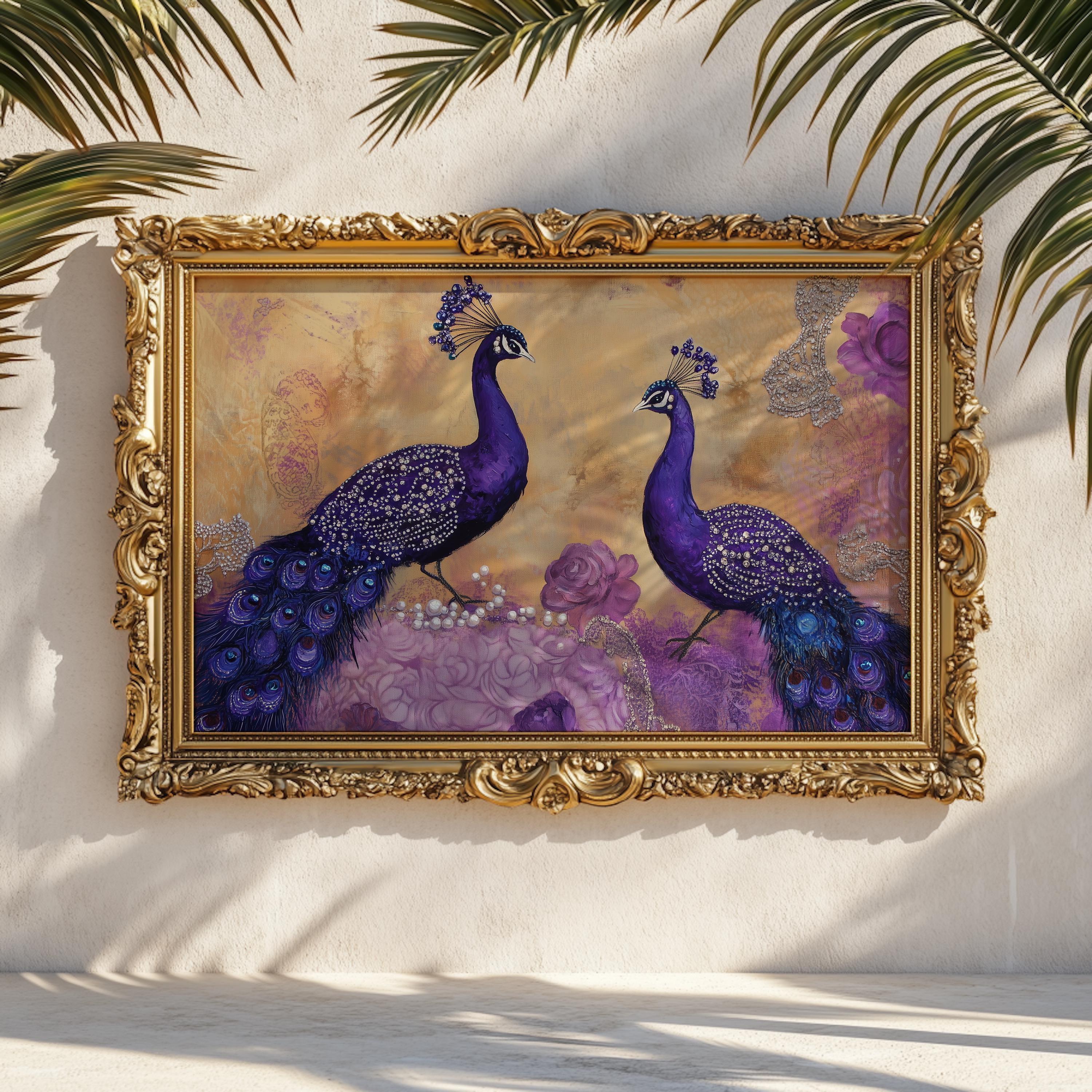 紫の宝石の孔雀のアートプリント：ロイヤルブルーとゴールドの花飾り