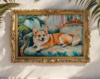 レトロなカーディガンウェルシュコーギーポスター、コーギー油絵