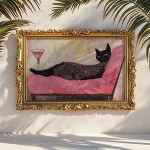 Glam Black Cat Art Print: Retro Luxe Animal Decor