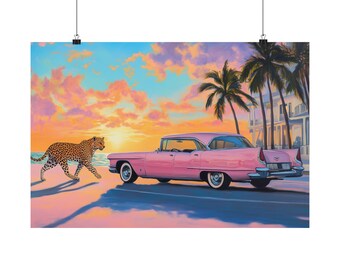 Leopard & Pink Cadillac Art Deco Poster: Tropical Sunset Drive - Etsy