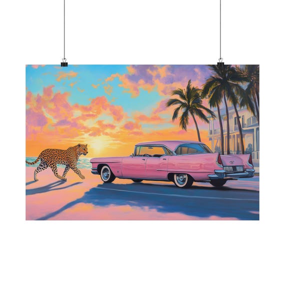 Leopard & Pink Cadillac Art Deco Poster: Tropical Sunset Drive - Etsy