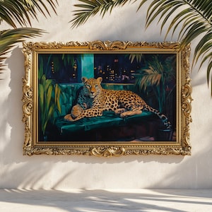 Leopard på smaragdgröna sofftryck: Glamorös djungeldjursväggkonst
