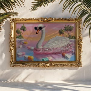 Puede incluir: Una obra de arte enmarcada representa un cisne con gafas de sol y un flotador rosa. El cisne está en el agua con pastillas flotantes. La obra de arte está en un marco dorado adornado, con palmeras en el fondo.