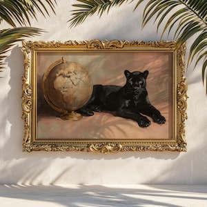 May include: A framed painting featuring a black panther lying next to a globe. The globe has the text "THE WORLD IS MINE" on it. The frame is gold and ornate, with a light pink and brown background.