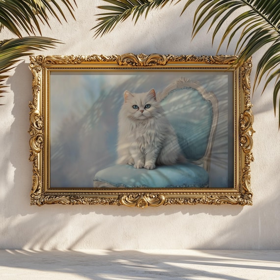 白いペルシャ猫のアートプリント：青い椅子に座る優雅な肖像画 - Etsy 日本