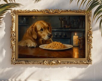 Golden Retriever Eating Spaghetti Print: Cozy Italian Kitchen Dog Art Funny Pet Wall Decor
