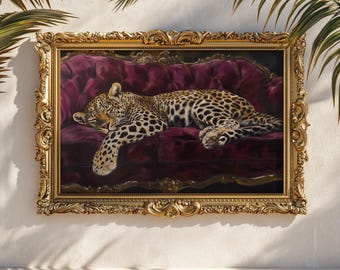 Reproduction léopard se prélassant sur une affiche d'art murale bordeaux : poster luxueux déco jungle